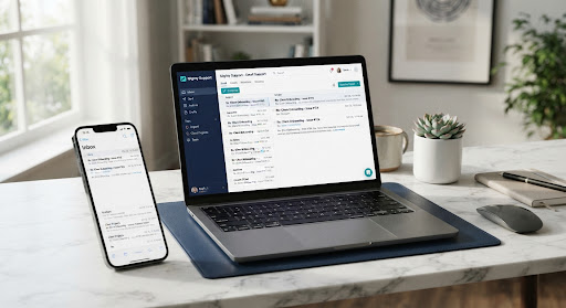 Laptop and smartphone showing an organized email inbox on a desk