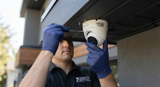 Technician installing a dome security camera