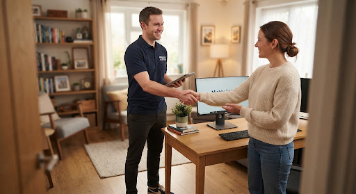 Technician visiting a home office to help with a desktop PC