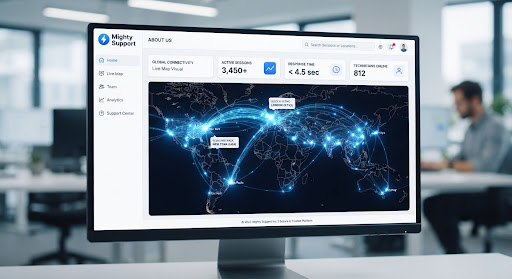 Remote support dashboard showing connection points on a map