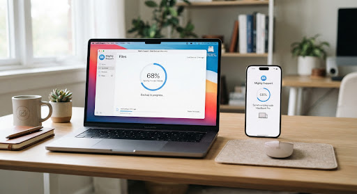 Laptop and smartphone syncing files