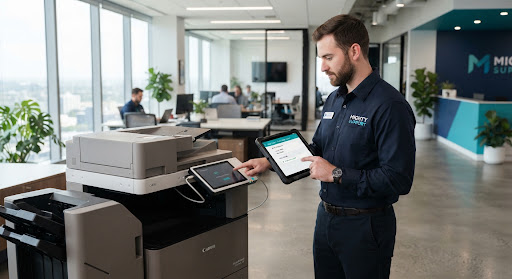 Technician configuring the wireless settings of an office multifunction printer