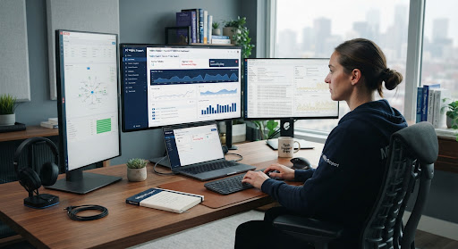 Modern office workspace with monitors and a laptop