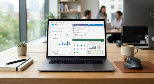 Laptop on an office desk showing Microsoft 365 apps