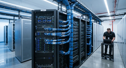 Modern server room with organized ethernet cables
