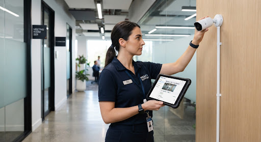 Specialist configuring office security camera