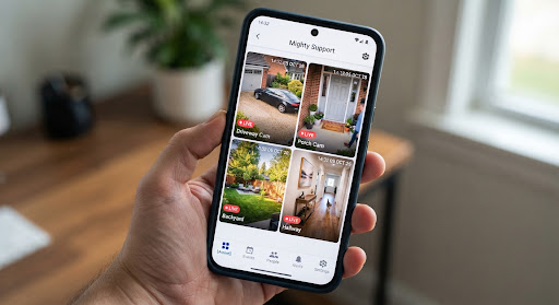 Phone app showing four security camera feeds