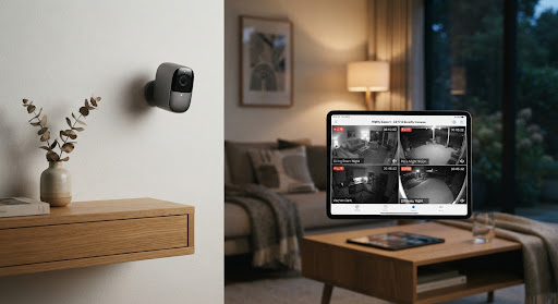 Smart security camera mounted on a wall in a modern home