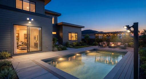 Backyard with outdoor floodlight cameras at dusk