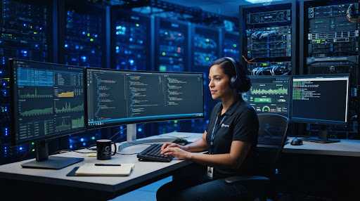 Professional IT technician working in a modern data center