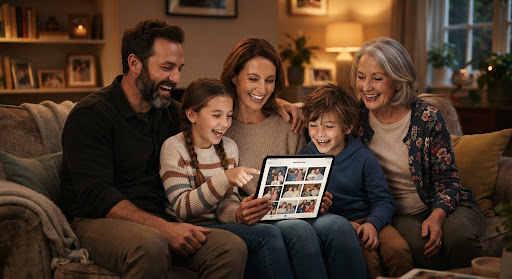Family looking at digital photos on a tablet