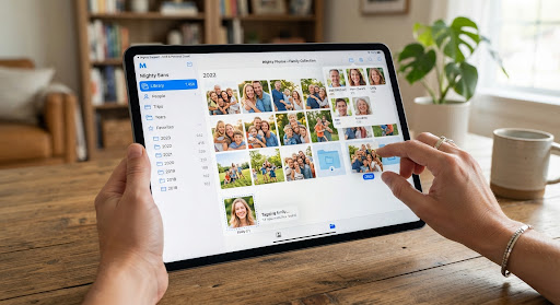 Family photos being organized on a tablet