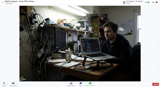 Cluttered home office with tangled cables