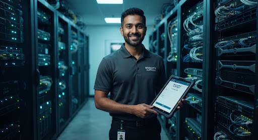 IT technician holding a tablet in a server room