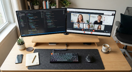 Organized workspace with multiple monitors and a video call on screen