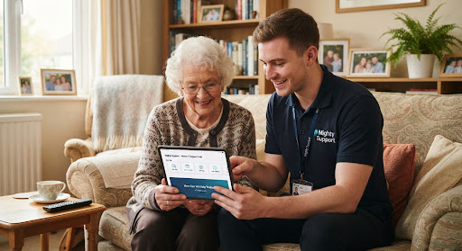 Technician helping an older woman use a tablet at home