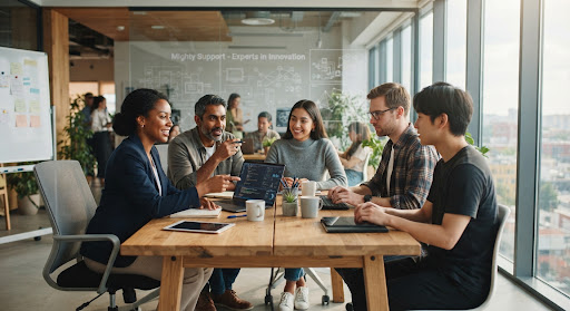 IT specialists collaborating around a table in a bright, modern office