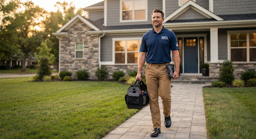 Technician carrying a tool kit toward a suburban home